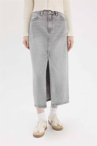 %100 Pamuk Long Fıt Midi Jean Etek - Görsel 5