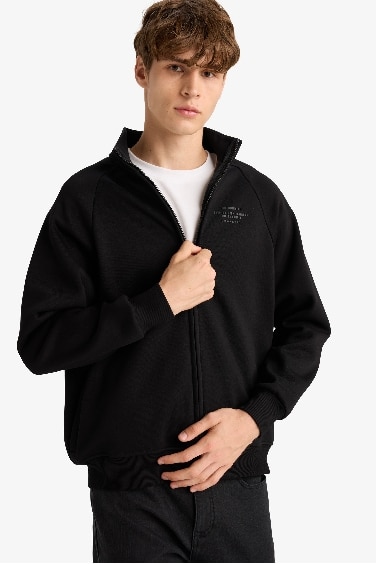 Boxy Fit Dik Yaka Baskılı İçi Yumuşak Tüylü Cepli Fermuarlı Sweatshirt