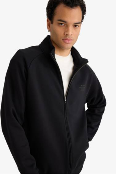 Boxy Fit Dik Yaka Baskılı İçi Yumuşak Tüylü Cepli Fermuarlı Sweatshirt