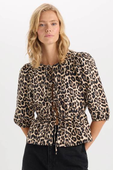 Fitted Round Neck Front Tied Poplin Leopard Blouse