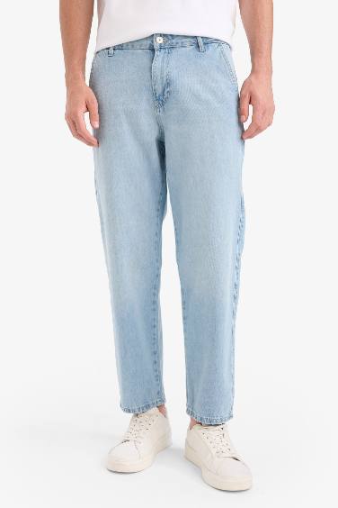 %100 Pamuk Relax Fit Geniş Paça Jean Kar Yıkamalı Pantolon