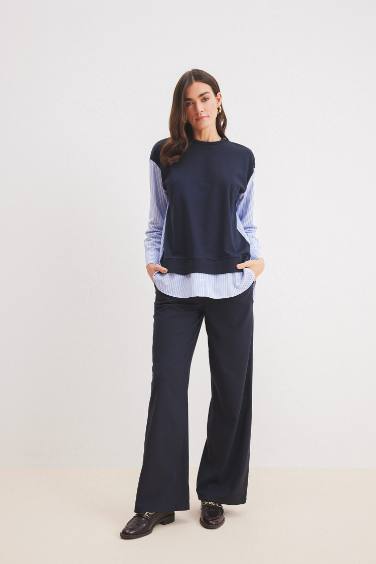 Bisiklet Yaka Çizgili Gömlek Görünümlü Sweatshirt Tunik