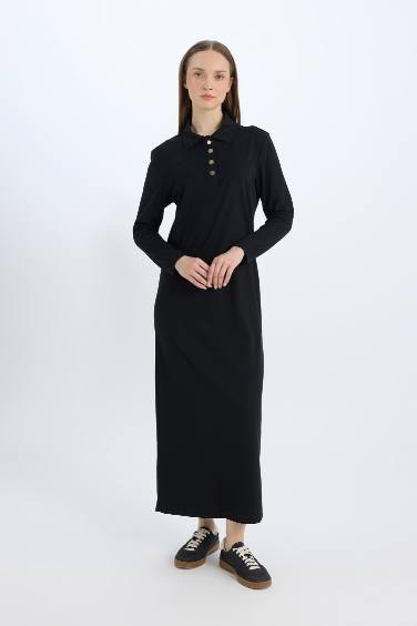 Regular Fit Shirt Collar Basic Pique Maxi Dress