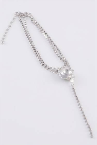 Woman Rose Detailed Stoned Dangling Silver Necklace