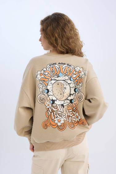 Loose Fit Crew Neck Back Printed Thick Sweatshirt