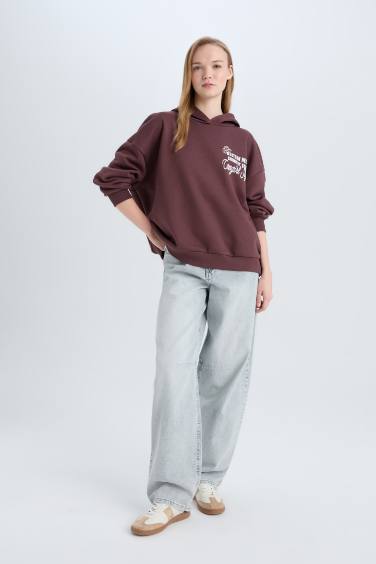 Coool Loose Fit Kapüşonlu Sırt Baskılı Kalın Sweatshirt