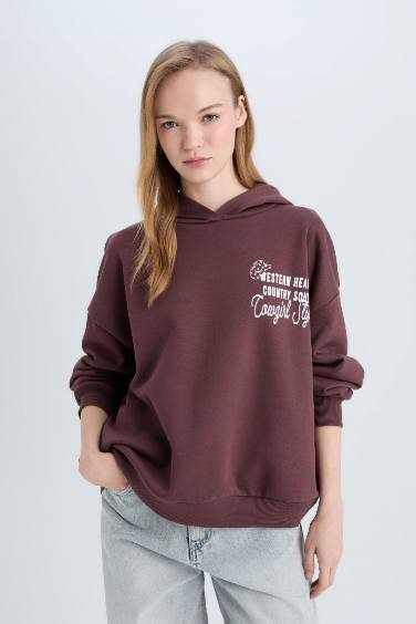 Coool Loose Fit Kapüşonlu Sırt Baskılı Kalın Sweatshirt