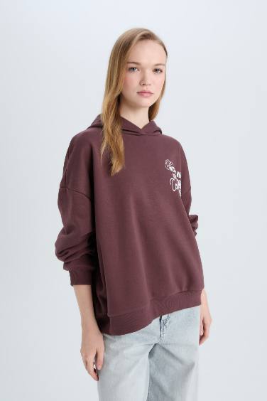 Coool Loose Fit Kapüşonlu Sırt Baskılı Kalın Sweatshirt