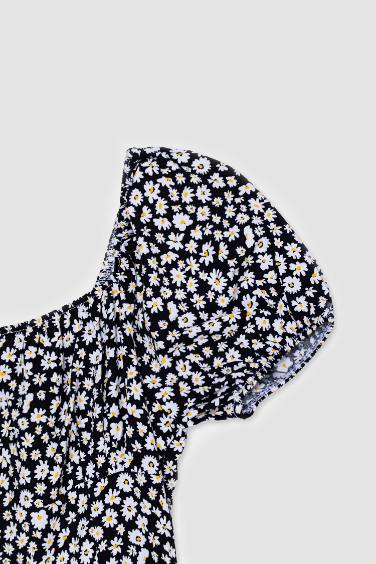 Coool гүлді шаршы ойық қысқа жеңді Қысқа жеңді тоқылған көйлек