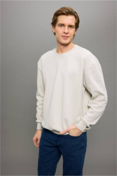 Boxy Fit Bisiklet Yaka Basic Düz Pike Sweatshirt