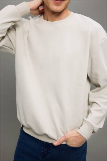 Boxy Fit Bisiklet Yaka Basic Düz Pike Sweatshirt