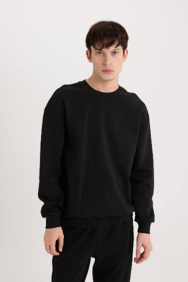 Boxy Fit Crew Neck Basic Pique Sweatshirt