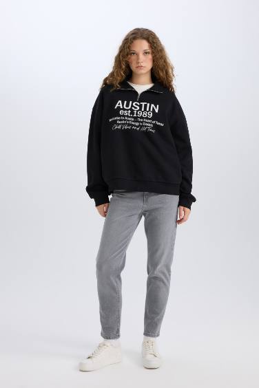 Oversize Geniş Kalıp Yarım Fermuarlı Sırt Baskılı Sweatshirt