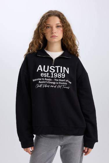 Oversize Geniş Kalıp Yarım Fermuarlı Sırt Baskılı Sweatshirt
