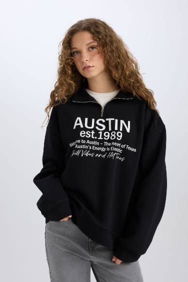 Oversize Geniş Kalıp Yarım Fermuarlı Sırt Baskılı Sweatshirt