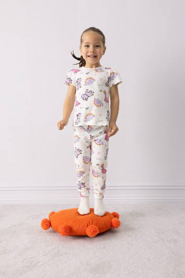Baby Girl Dinosaur Printed Cotton Top Bottom 2 Piece Pajama Set