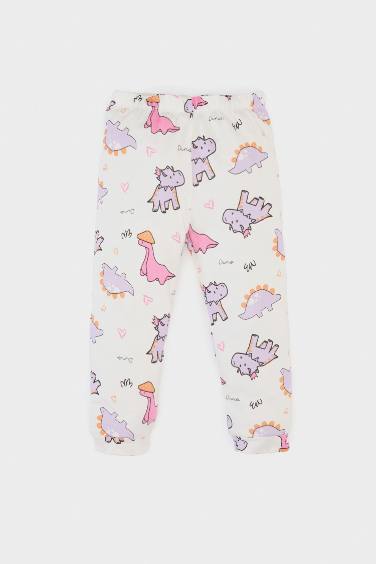 طقم بيجاما بيبي بناتي ممشط قصة عادية بلوزة بيجاما نص كم بطبعة ديناصور و بنطلون طويل - قطعتين