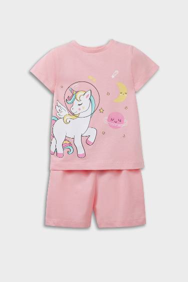 Kız Bebek Pijama Takımı Unicorn Baskılı Kısa Kollu Penye Üst Beli Lastikli Şort