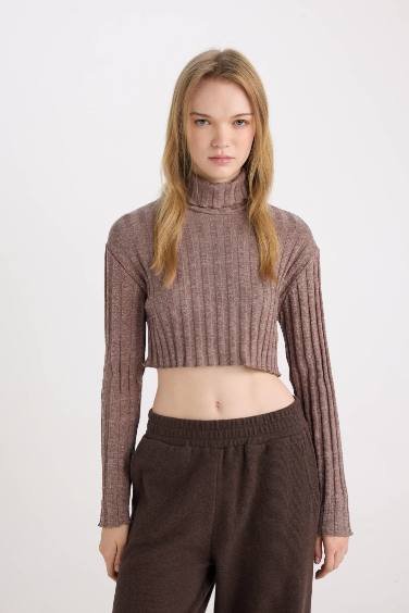 Coool Balıkçı Yaka Crop Top Basic Düz Fitilli Kaşkorse Uzun Kollu Tişört