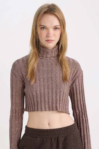 Coool Balıkçı Yaka Crop Top Basic Düz Fitilli Kaşkorse Uzun Kollu Tişört