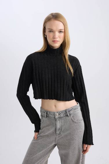 Coool Balıkçı Yaka Crop Top Basic Düz Fitilli Kaşkorse Uzun Kollu Tişört