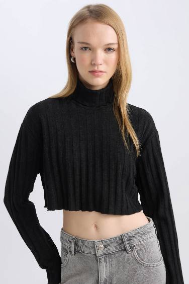 Coool Balıkçı Yaka Crop Top Basic Düz Fitilli Kaşkorse Uzun Kollu Tişört