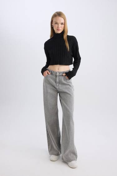Coool Balıkçı Yaka Crop Top Basic Düz Fitilli Kaşkorse Uzun Kollu Tişört