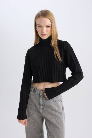Coool Balıkçı Yaka Crop Top Basic Düz Fitilli Kaşkorse Uzun Kollu Tişört
