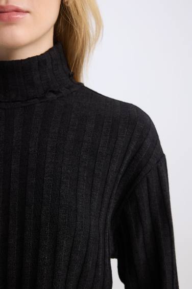 Coool Balıkçı Yaka Crop Top Basic Düz Fitilli Kaşkorse Uzun Kollu Tişört