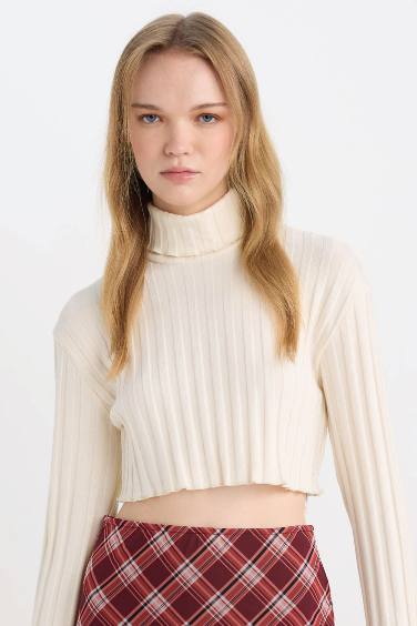 Coool Balıkçı Yaka Crop Top Basic Düz Fitilli Kaşkorse Uzun Kollu Tişört