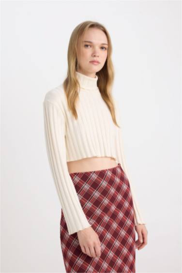 Coool Balıkçı Yaka Crop Top Basic Düz Fitilli Kaşkorse Uzun Kollu Tişört