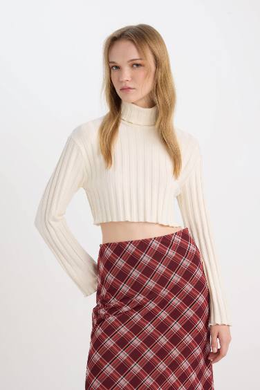 Coool Balıkçı Yaka Crop Top Basic Düz Fitilli Kaşkorse Uzun Kollu Tişört