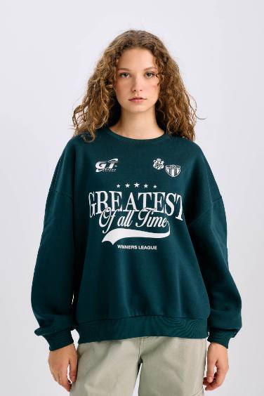 Loose Fit Crew Neck Printed Thick Sweatshirt