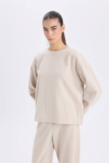 2'li Takım Bisiklet Yaka Uzun Kollu Basic Düz Üst Wide Leg Geniş Bol Paça Alt