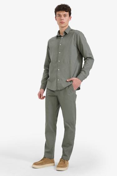 Regular Fit Polo Yaka Keten Yazlık Uzun Kollu Gömlek