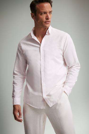 Regular Fit Polo Yaka Keten Yazlık Uzun Kollu Gömlek