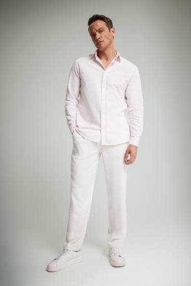 قميص كتان صيفي كم طويل قصة عادية وياقة بولو