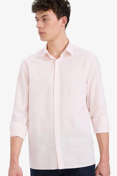 قميص كتان صيفي كم طويل قصة عادية وياقة بولو