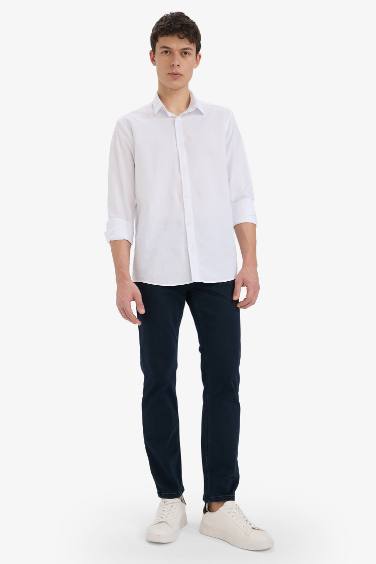 Regular Fit Polo Yaka Keten Yazlık Uzun Kollu Beyaz Gömlek