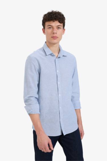 Regular Fit Polo Yaka Çizgili Keten Yazlık Uzun Kollu Gömlek