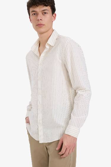 Regular Fit Polo Yaka Çizgili Keten Yazlık Uzun Kollu Gömlek