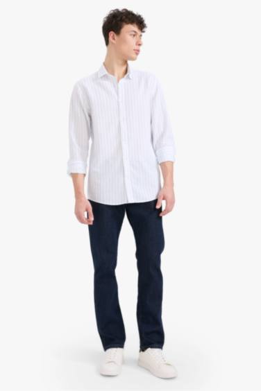 Regular Fit Polo Yaka Çizgili Keten Yazlık Uzun Kollu Gömlek