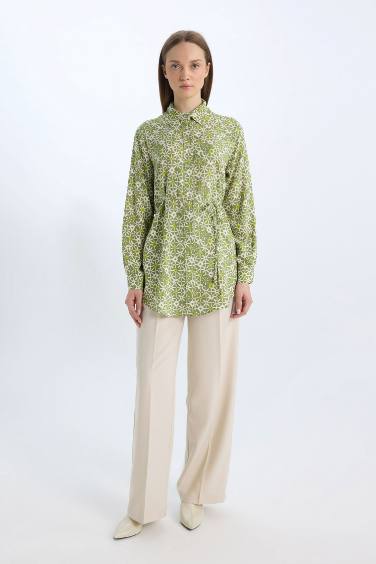 Regular Fit Shirt Collar Printed Long Sleeve Tunic