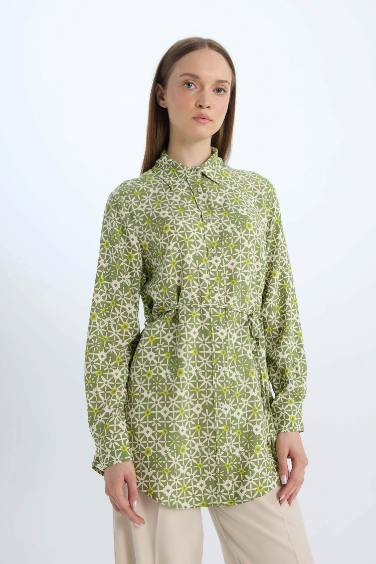 Regular Fit Shirt Collar Printed Long Sleeve Tunic