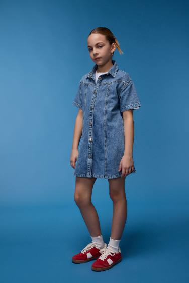 Girl Shirt Collar Short Sleeve Cotton Jean Dress