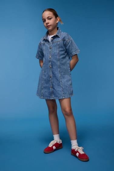 Girl Shirt Collar Short Sleeve Cotton Denim Dress