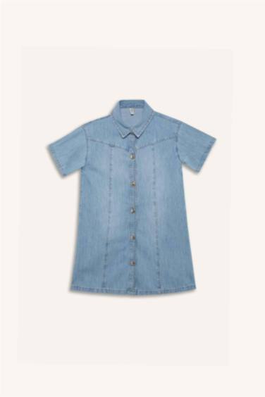 Girl Shirt Collar Short Sleeve Cotton Denim Dress