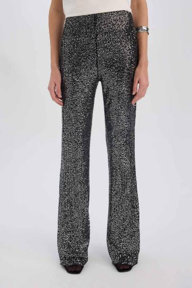 Flare Fit High Waist Standard Sequined Black Trousers