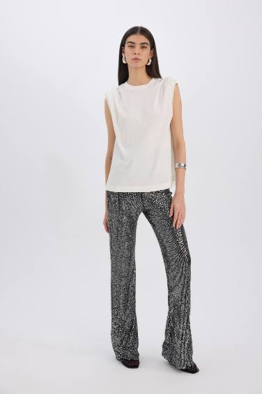 Siyah Şık Payetli Pantolon Flare Fit Yüksek Bel Standart Boy