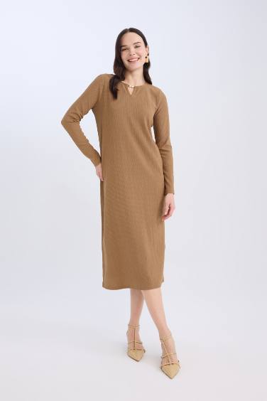 Bisiklet Yaka Basic Düz Bürümcük Uzun Kollu Maxi Elbise